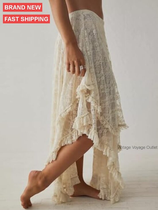 Lace Maxi Skirt Elastic Waist Asymmetrical Hem Sheer Flowy Beach Cover Up - Picture 5 of 7